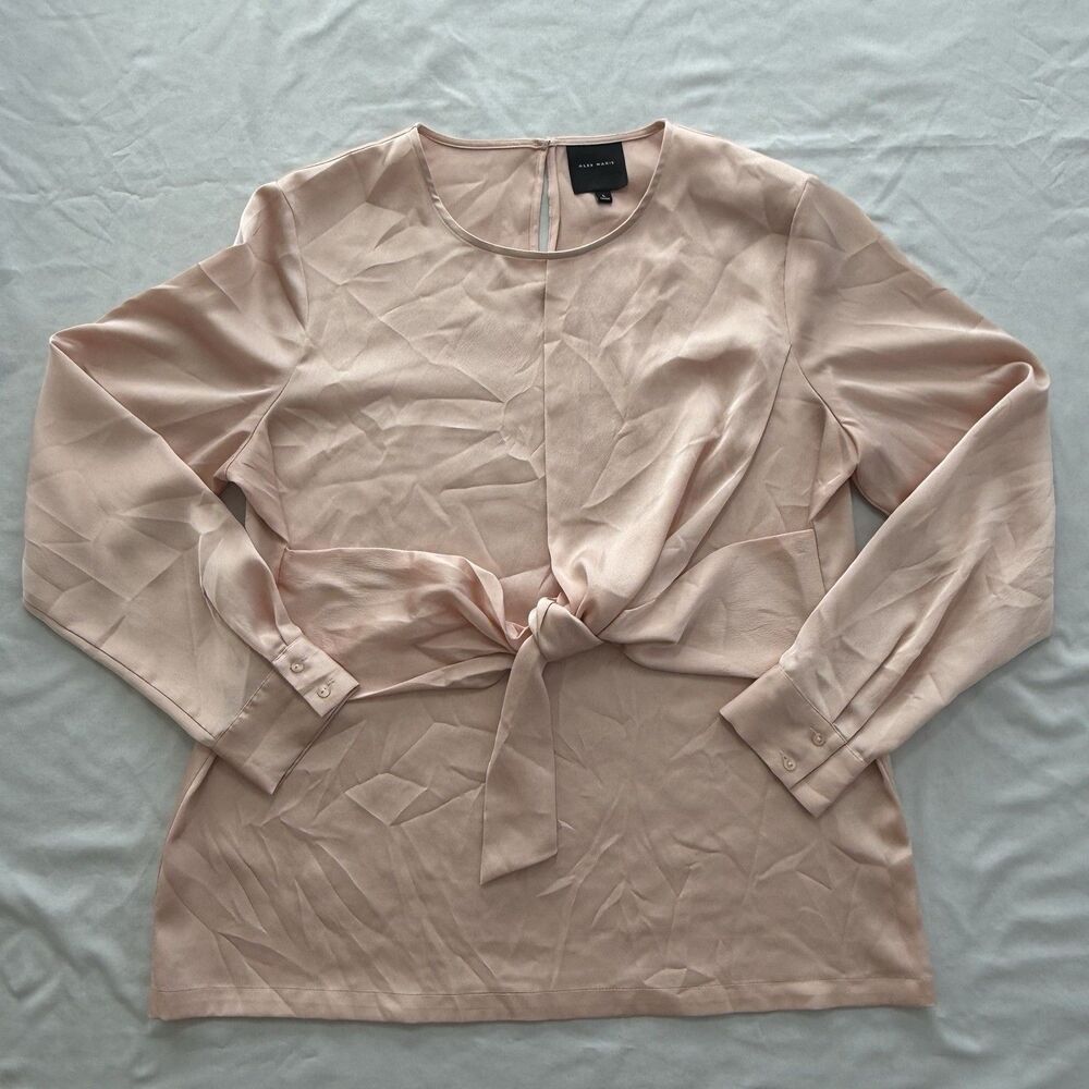 Alex Marie Blouse Womens Large Unique Front Tie Pink/Blush Pullover Long Sleeve